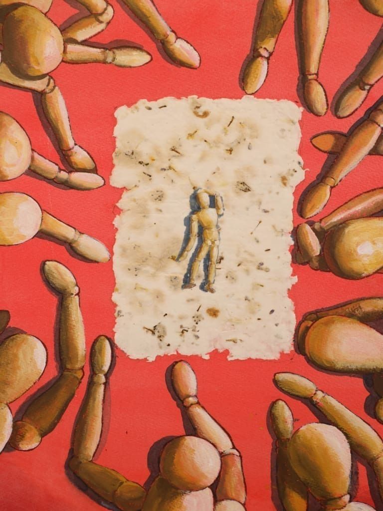 Derek Carruthers (1935–2021) – Untitled (Central Figure Surrounded By Mannequins) – Original Watercolour, Signed photo furniture