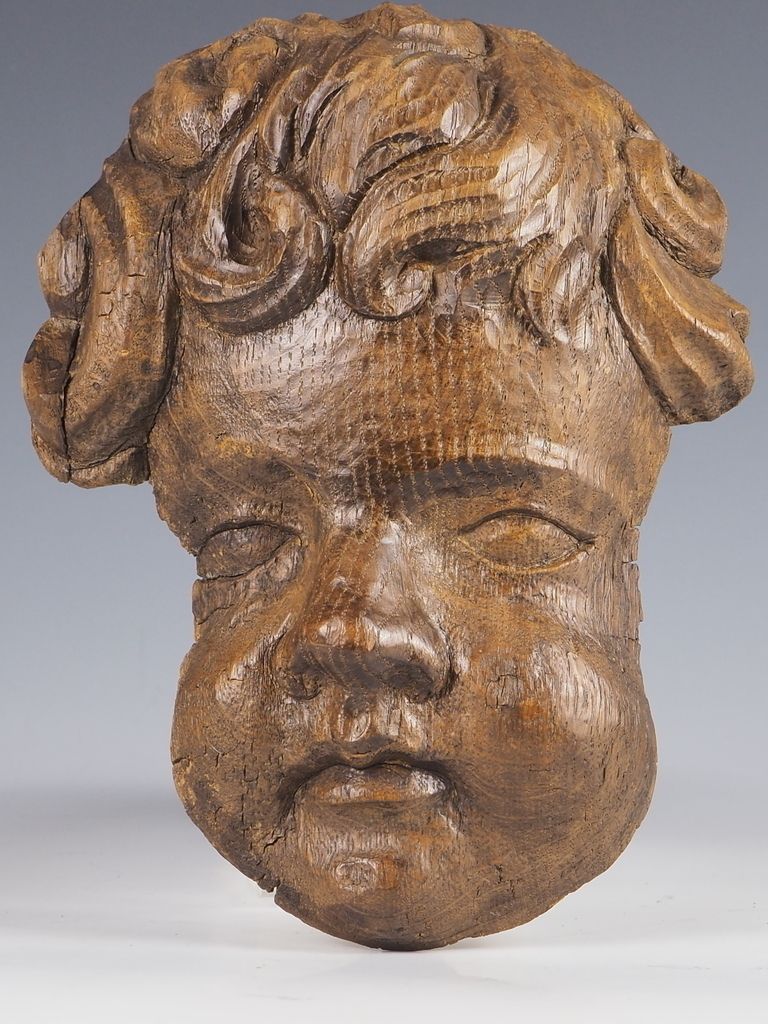 Antique Carved Oak Cherub Head Wall Hanging photo vinterior