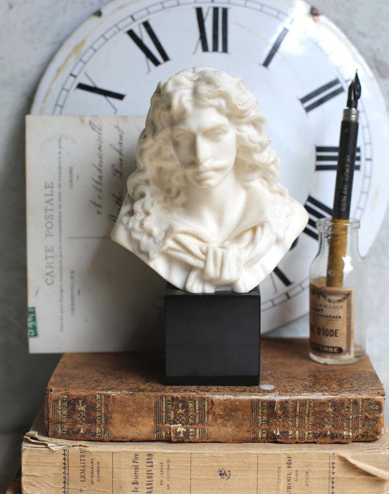 Antique Moliere Bust Male Writer Wax & Marble Figurine Of A Male Author