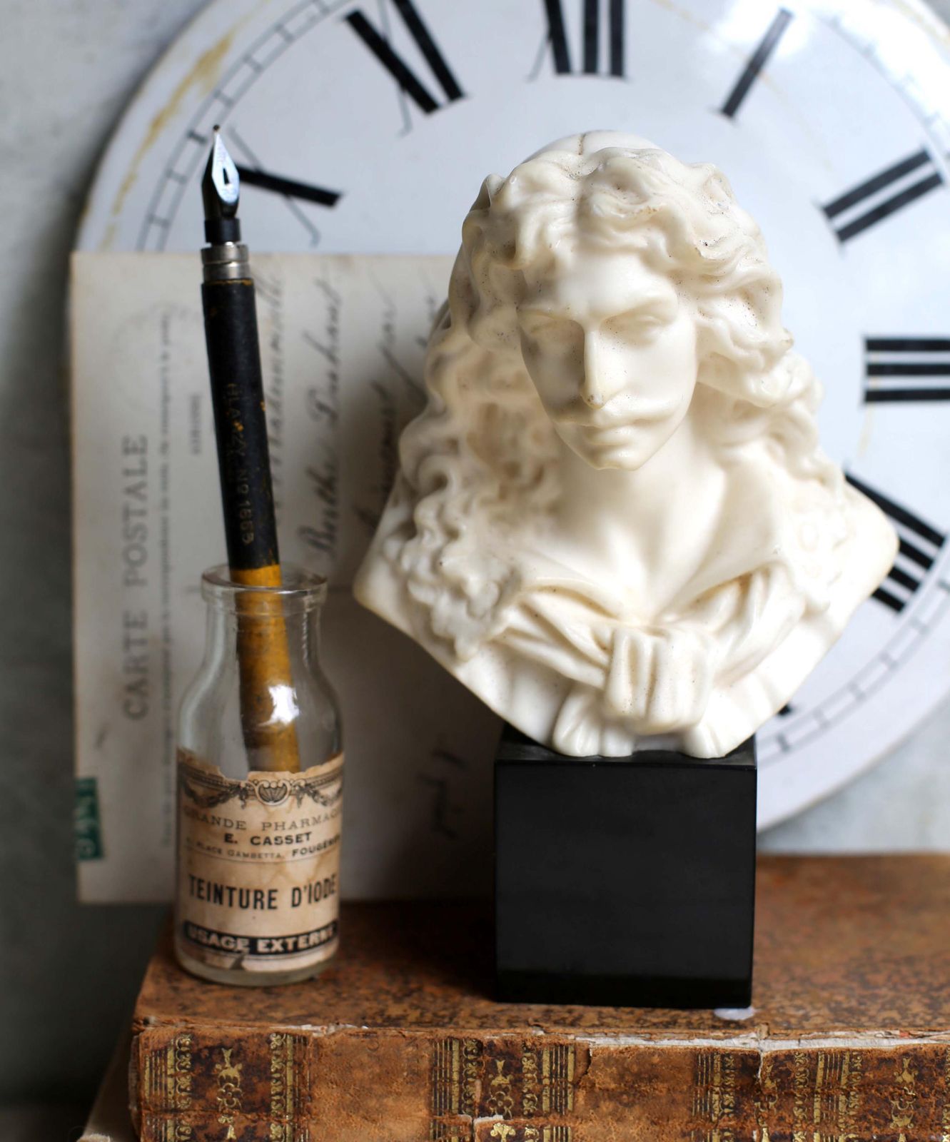 Antique Moliere Bust Male Writer Wax & Marble Figurine Of A Male Author photo buy