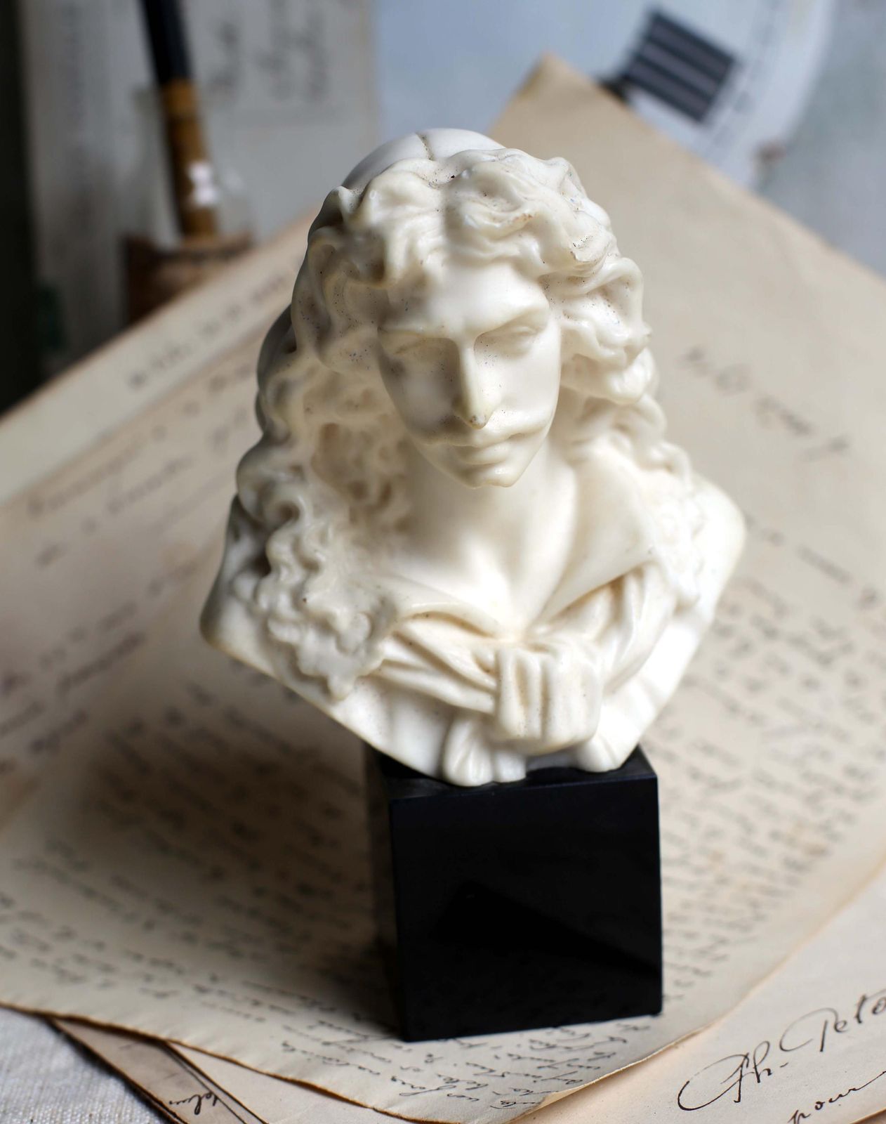 Antique Moliere Bust Male Writer Wax & Marble Figurine Of A Male Author photo vintage