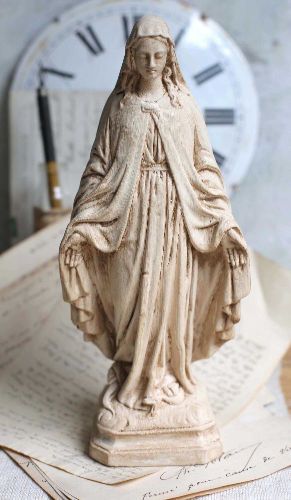 photo vinterior Antique French Mary Statue Small Miraculous Virgin Statue Madonna