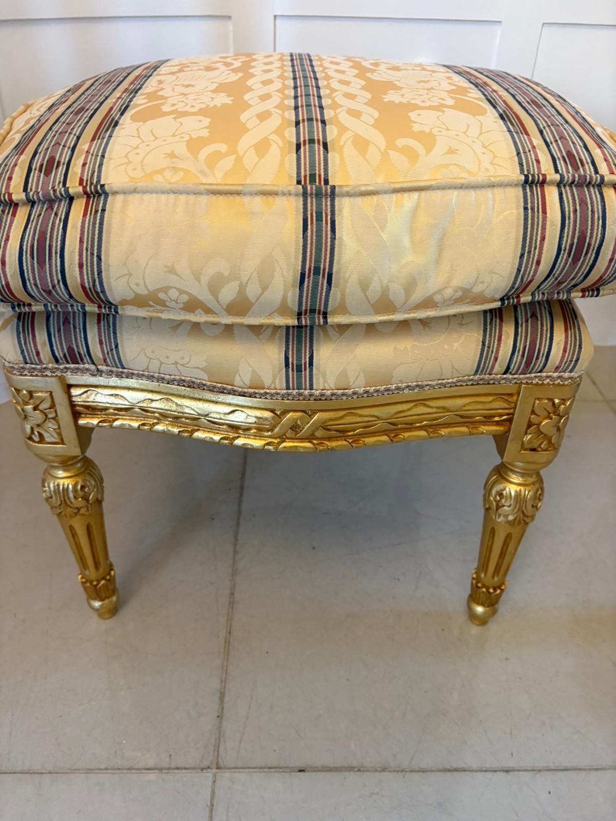 Antique Pair Carved Giltwood  Footstools Upholstered French Style photo vintage