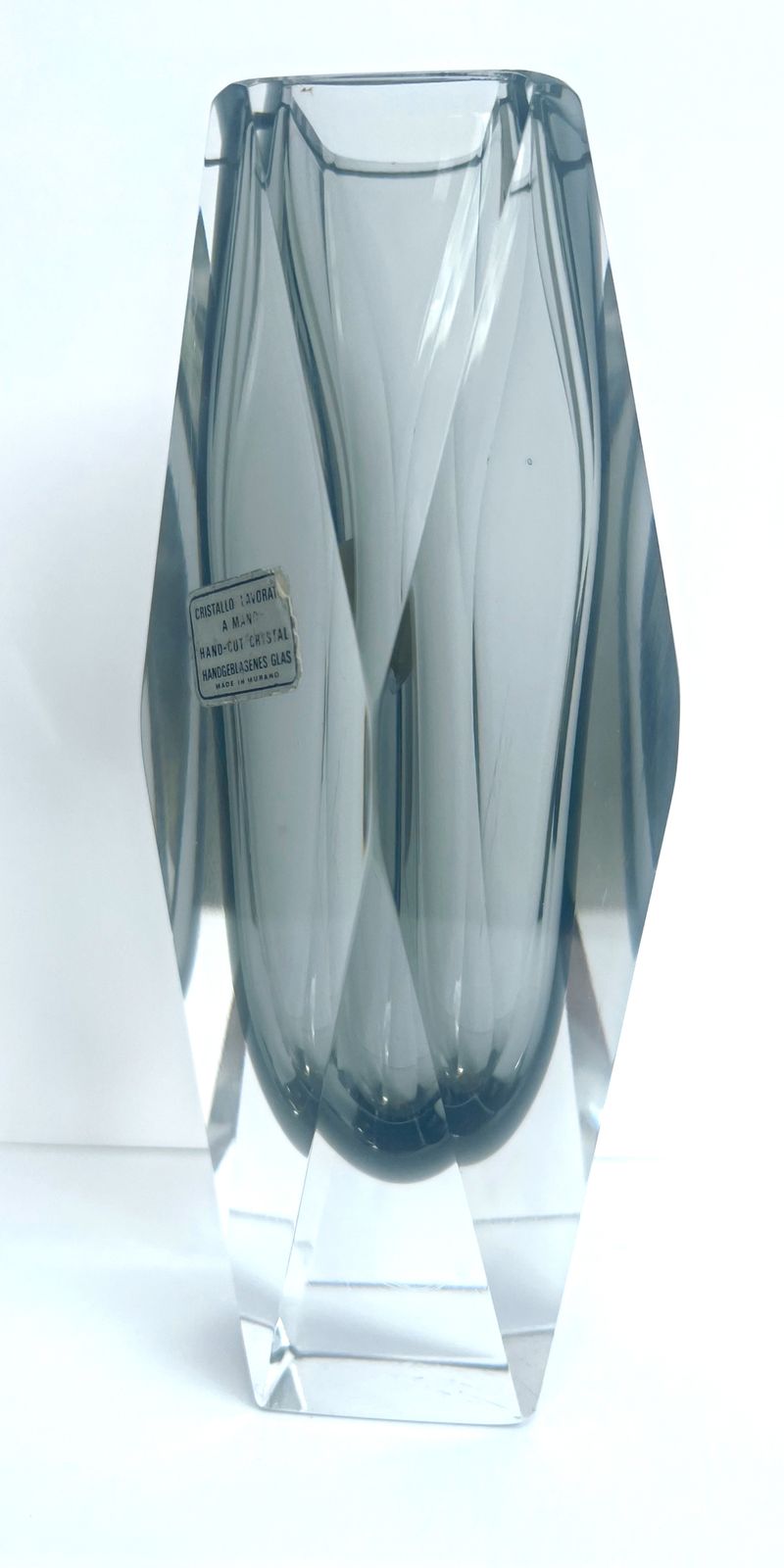 1960s Murano Sommerso Faceted Glass Vase , Smoky Grey & Clear Crystal