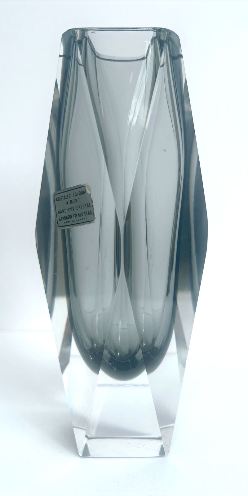 1960s Murano Sommerso Faceted Glass Vase , Smoky Grey & Clear Crystal photo buy