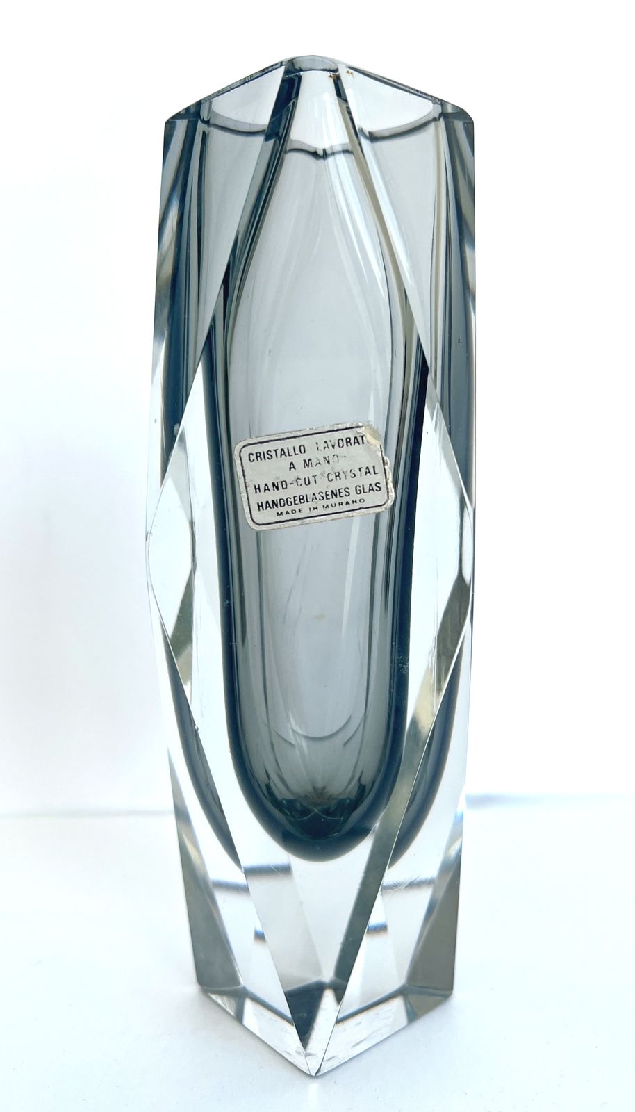 1960s Murano Sommerso Faceted Glass Vase , Smoky Grey & Clear Crystal photo vintage