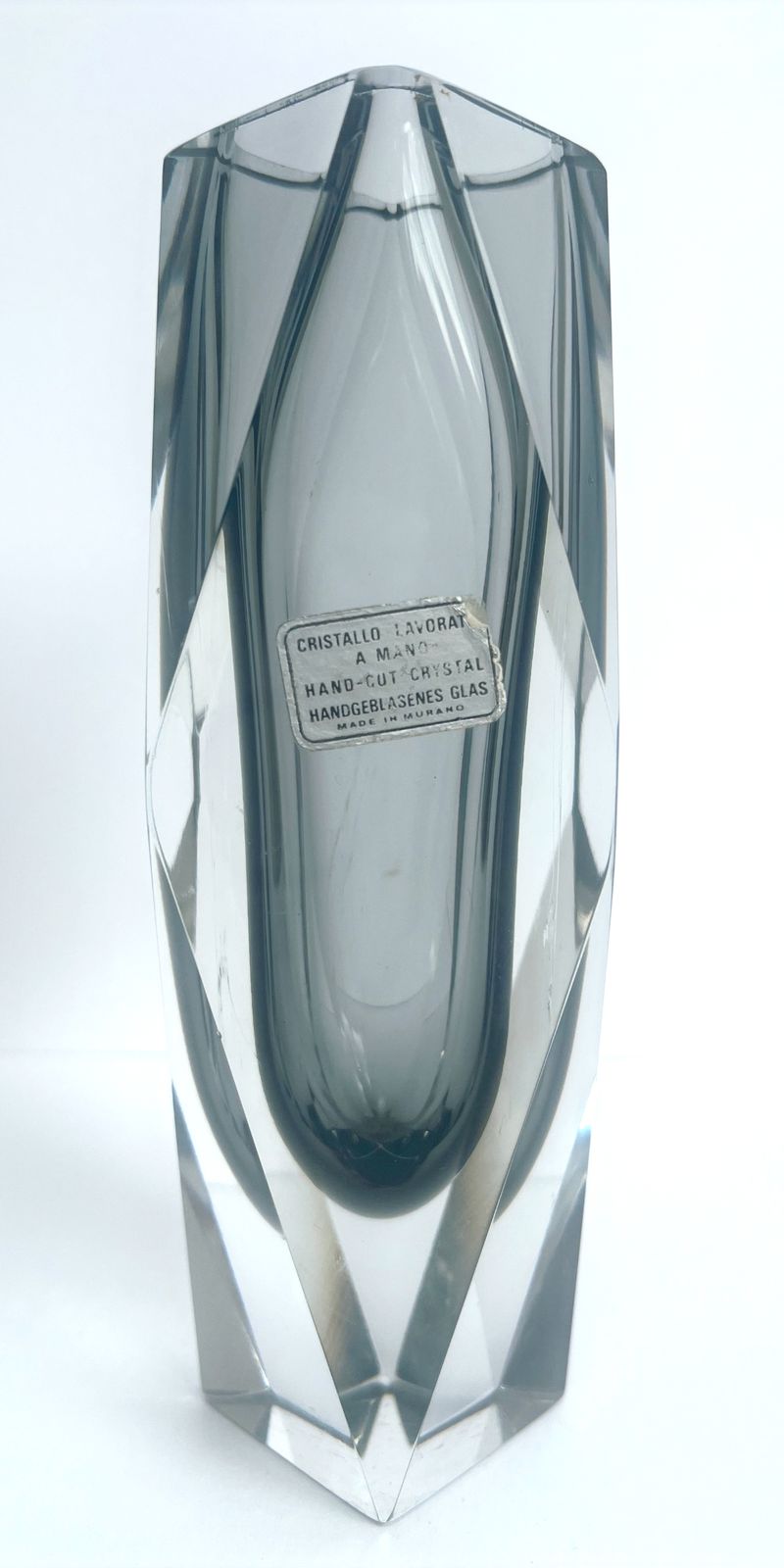 Home Decor 1960s Murano Sommerso Faceted Glass Vase , Smoky Grey & Clear Crystal photo