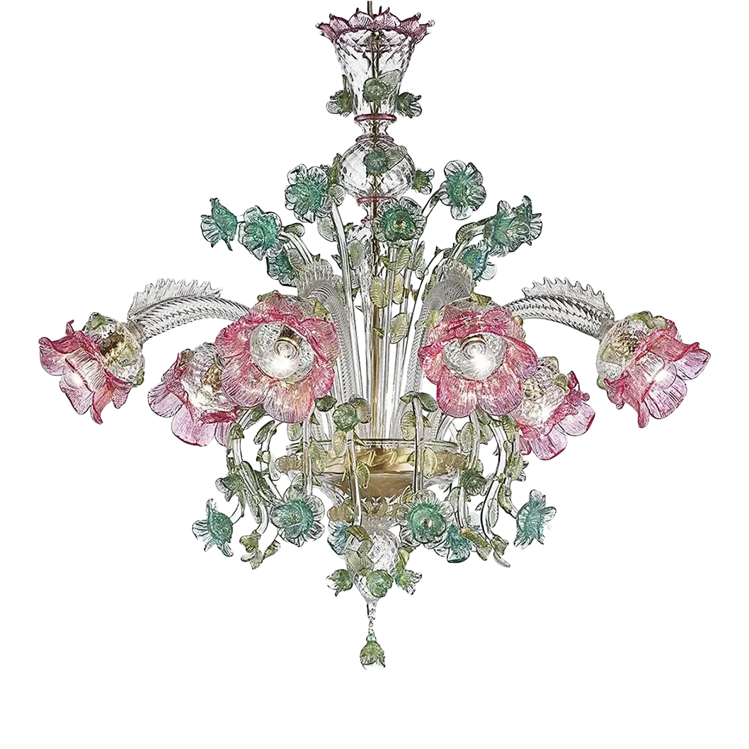 Ornate Venetian Pink And Green Floreal Murano Glass Chandelier