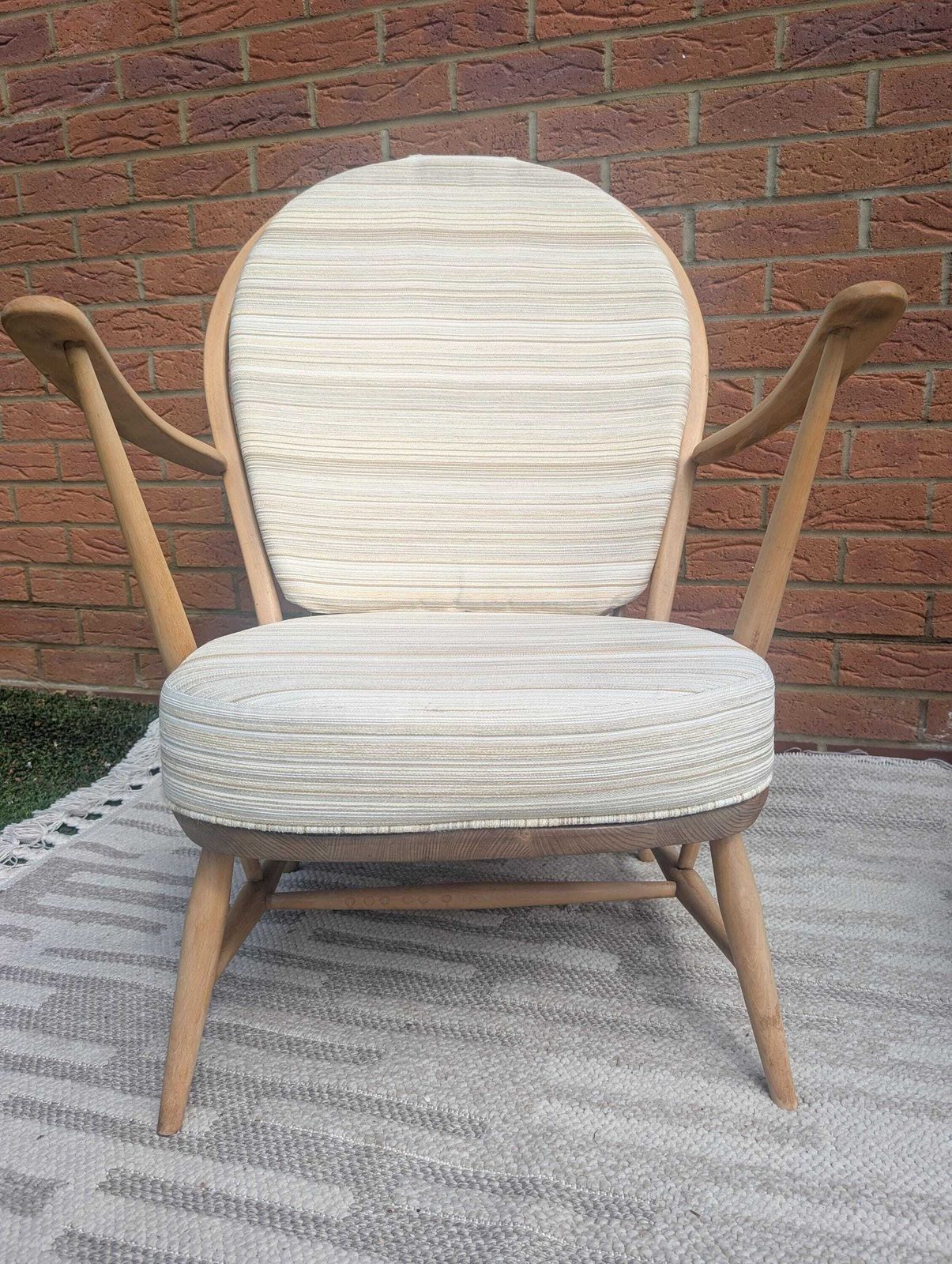 Pair Of Ercol 317 Grandfather Armchairs In Blonde Finish With Matching Footstool Including Original Cushions And Covers By Lucian Ercolani. photo vintage