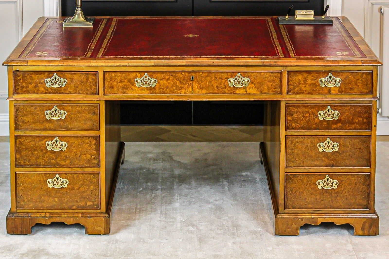 Antique Victorian Burr Walnut Twin Pedestal Partners Leather Top Writing Desk