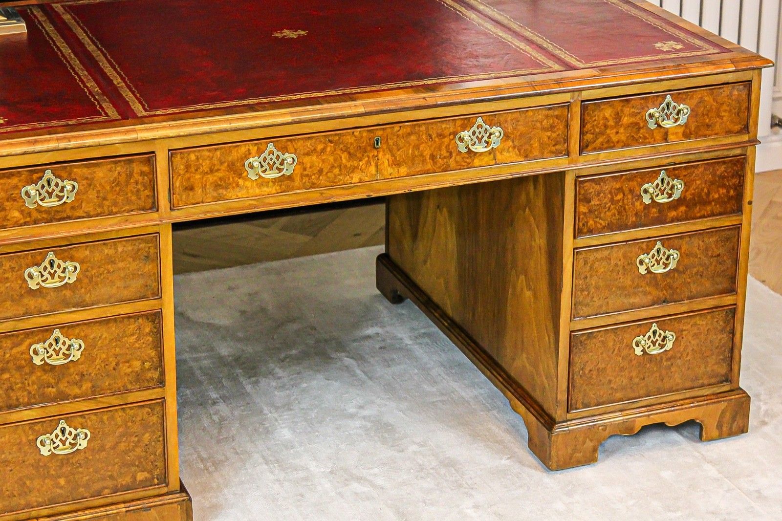 Furniture Antique Victorian Burr Walnut Twin Pedestal Partners Leather Top Writing Desk photo