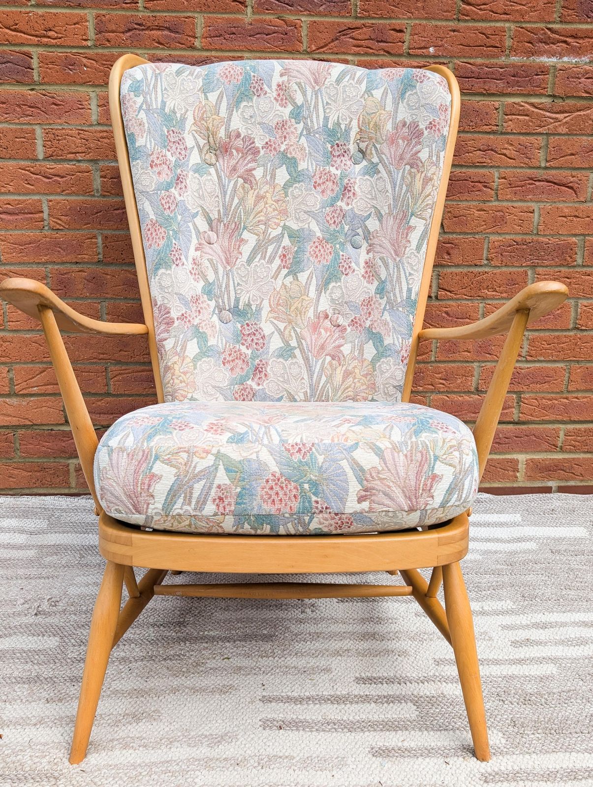 Classic 1960s Beech And Elm Blond Ercol 'Evergreen' High Back Armchair Lounge Chair With Cushions. Vintage Ercol Mid Century Furniture. photo for sale
