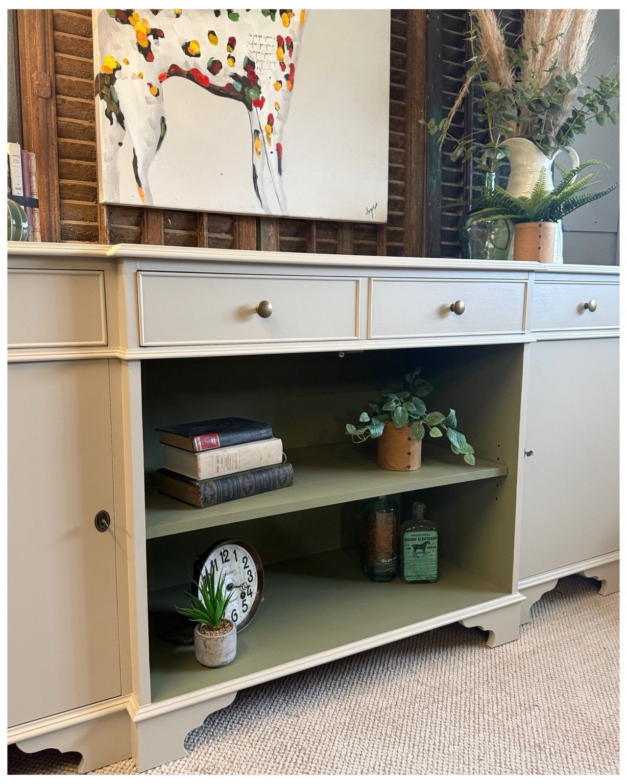 Contemporary Breakfront Sideboard/Bookcase & Keys Portland Stone & Olive 185cm photo buy