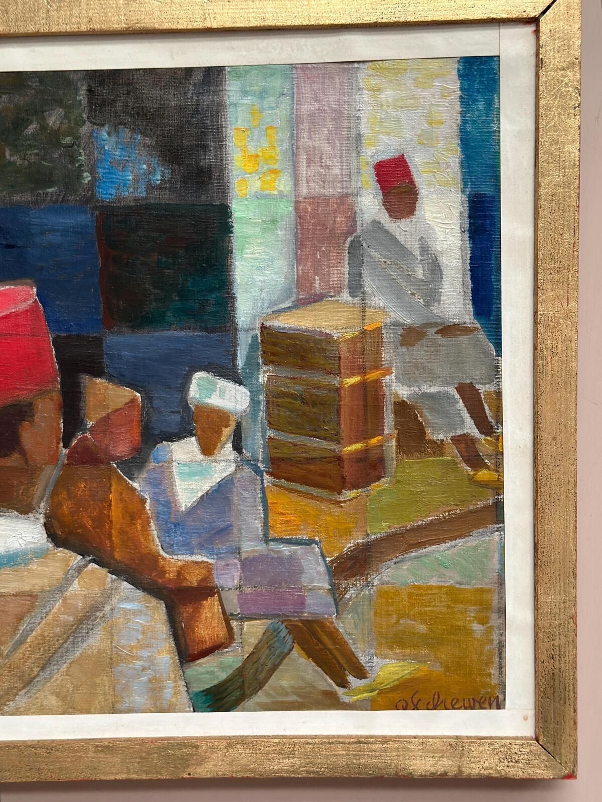 395.0 Original Mid Century Swedish Oil On Canvas – “På Gatan I Tetuan” By Olle Von Schewen Vintage & Framed 41 × 50 Cm (16.1" × 19.7") photo