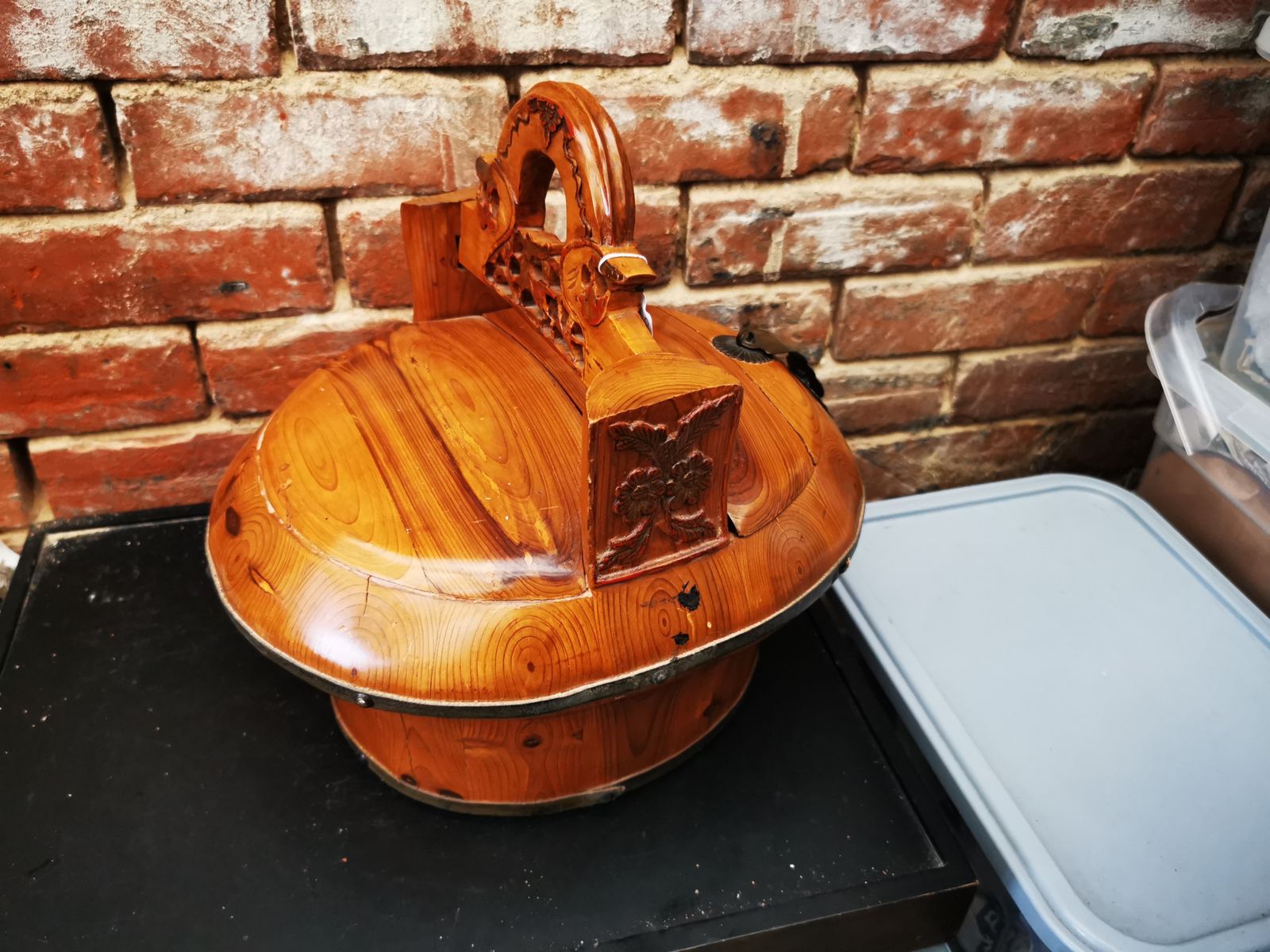 95.0 Vintage Chinese Wooden Wedding Basket With Carving photo