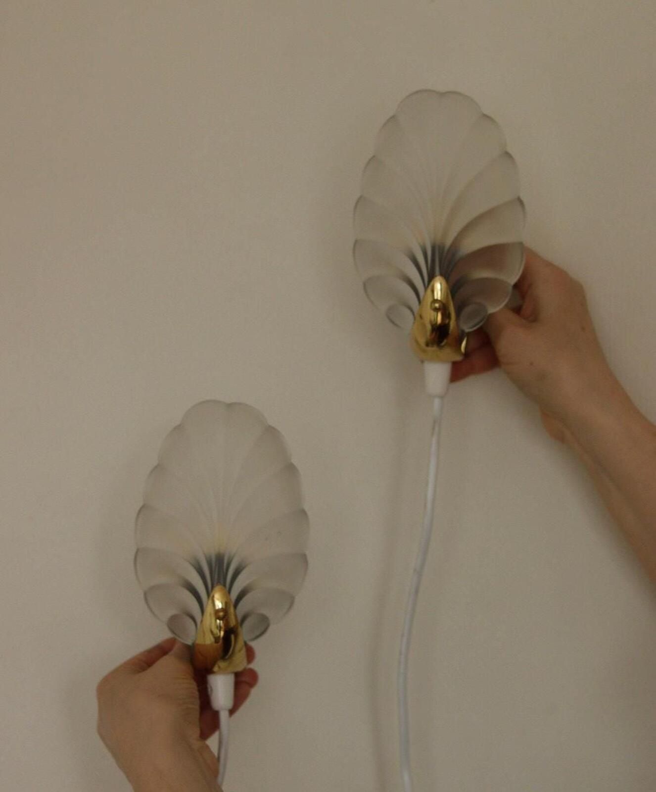 Pair Of Art Deco Brass & Glass Shell Wall Lamps – Denmark, 1930s – Rewired, Working, E14