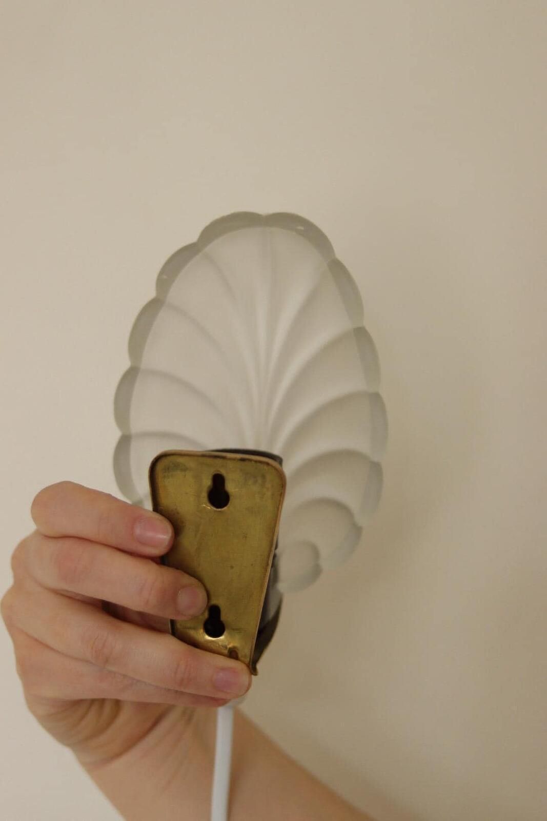 Pair Of Art Deco Brass & Glass Shell Wall Lamps – Denmark, 1930s – Rewired, Working, E14 photo 275.0
