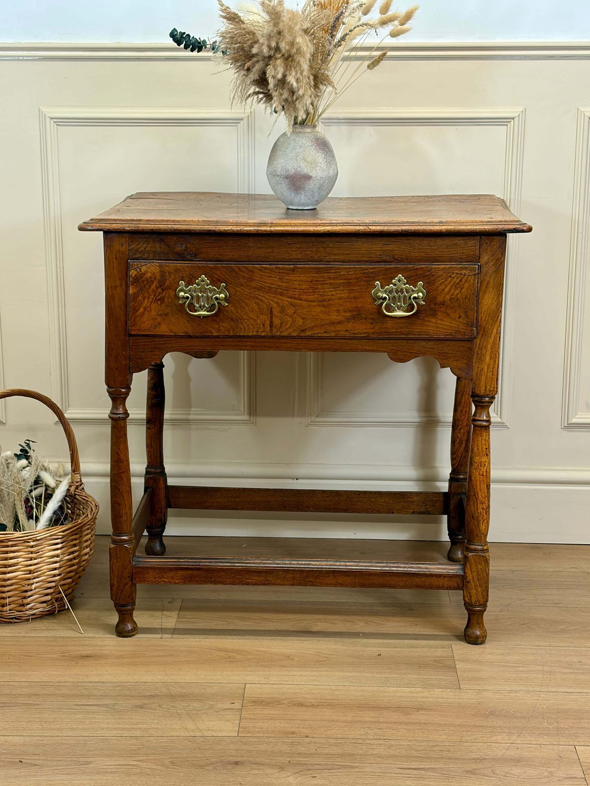 Antique Country Burr Elm Side Table With Frieze Drawer photo for sale