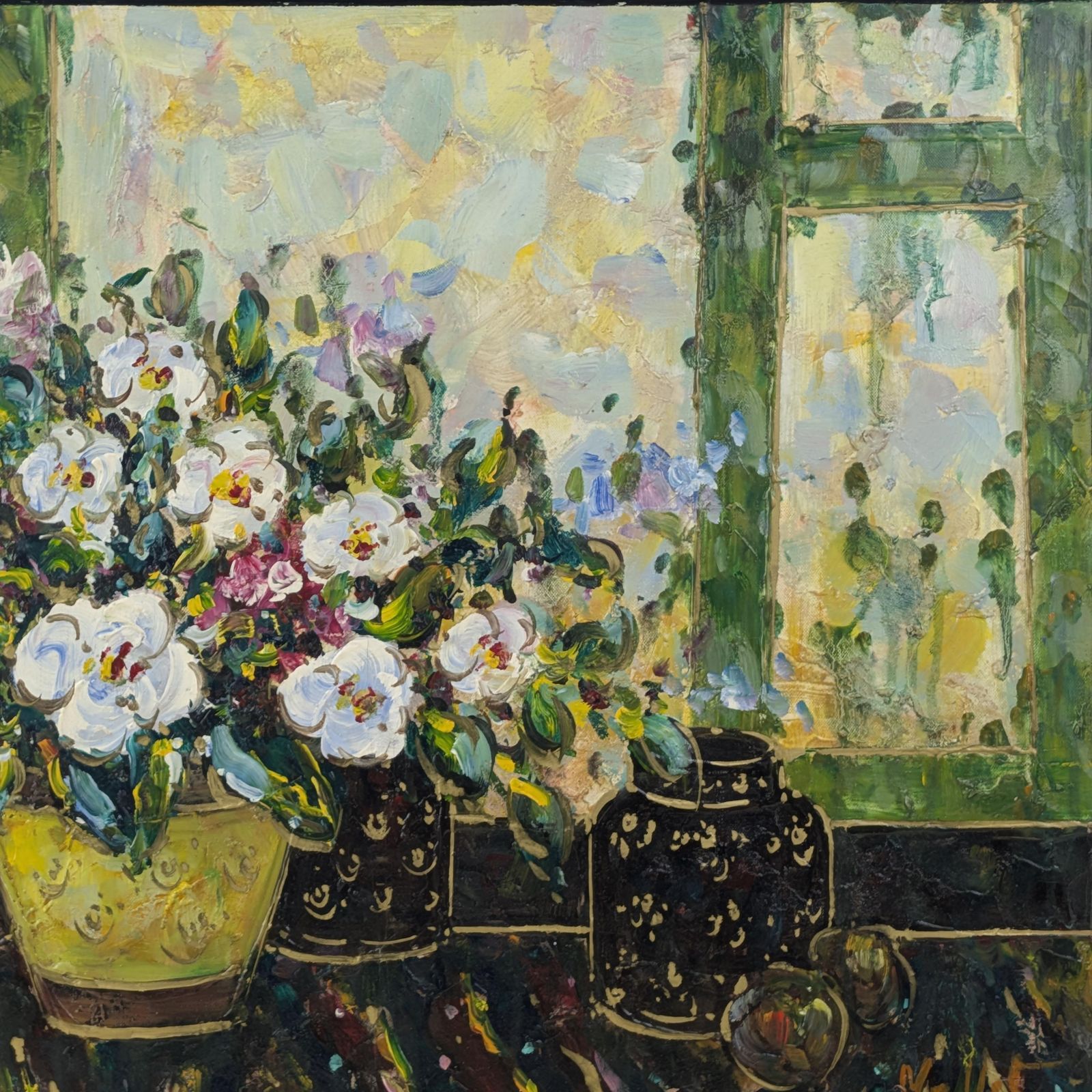Floral Oil Painting Canvas, Vintage French Impasto Still Life Signed Mallet photo Art