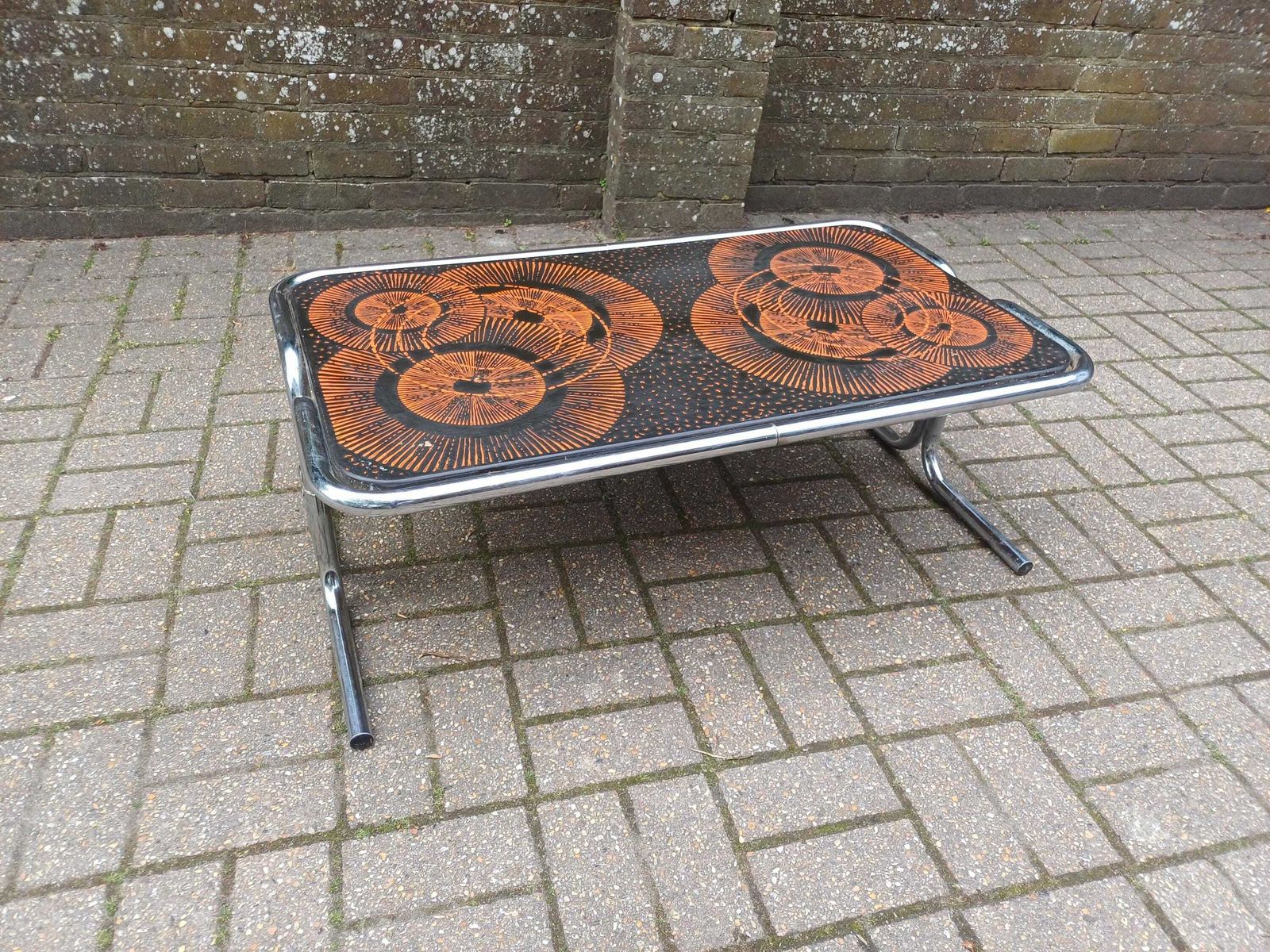 1970s Chrome Coffee Table Retro Space Age Geometric Orange Black Cocktail Table Vintage Stainless Steel Sofa Table photo vinterior
