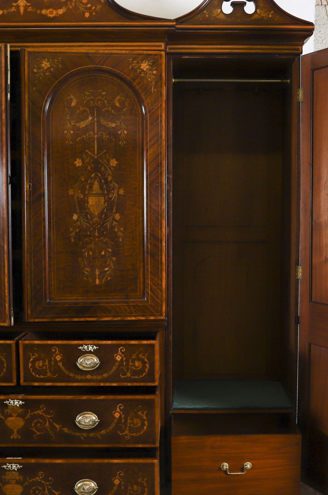 photo for sale Edwardian Breakfront Mahogany & Floral Marquetry Inlaid Wardrobe C1910