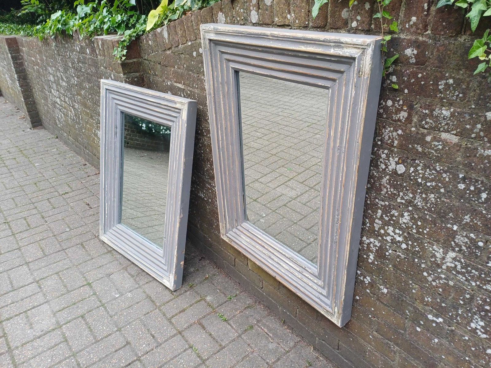Large Pair Large French Style Distressed Grey Wall Mirrors Vintage Shabby Chic Bevelled Glass Wooden Mirrors Free Hand Delivery photo Home Decor
