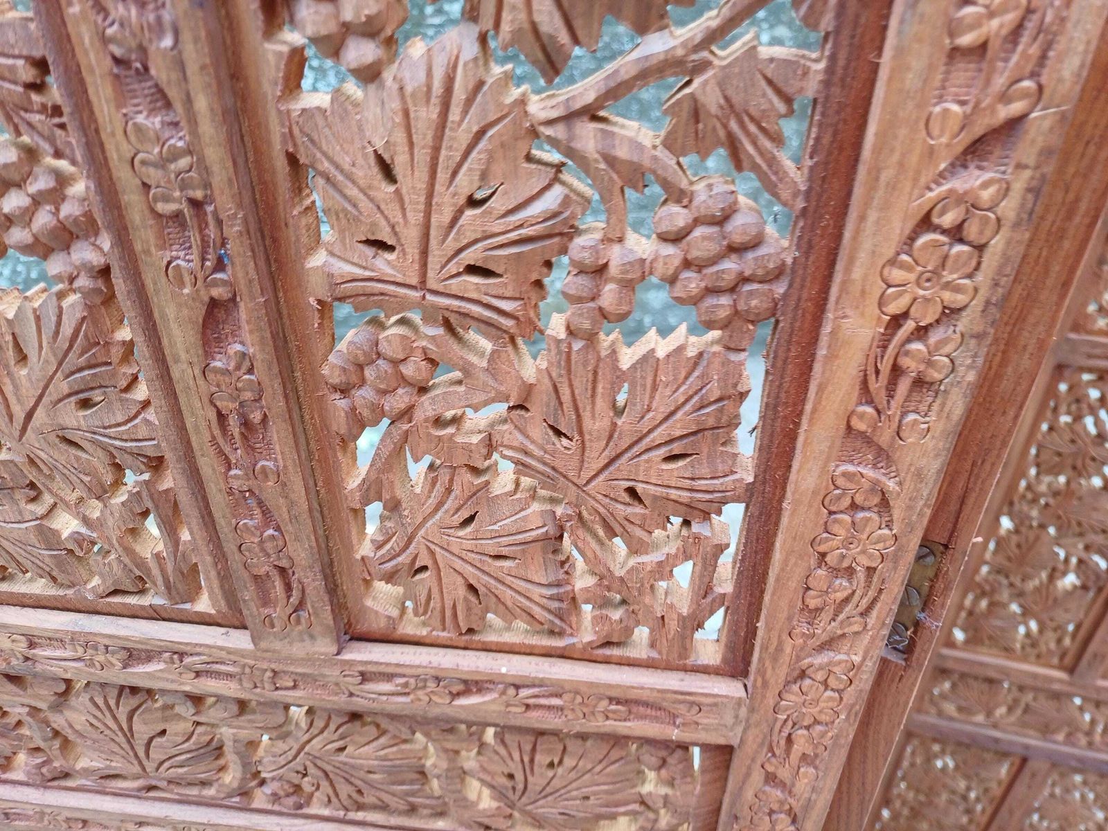 Monumental Vintage Middle Eastern Carved Hardwood Folding Screen Room Divider Grapevine Panels 72” Free Hand Delivery photo buy