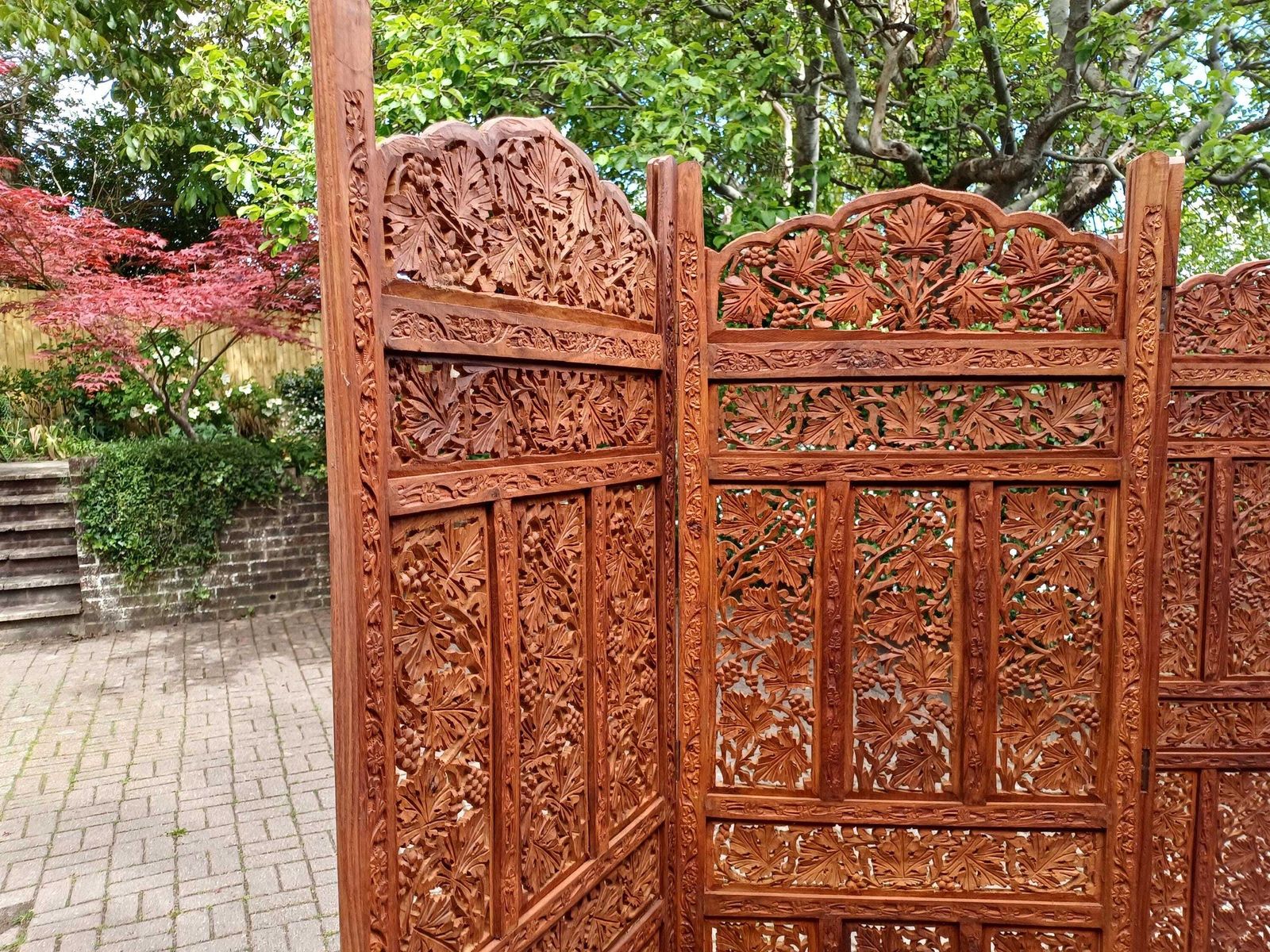 Monumental Vintage Middle Eastern Carved Hardwood Folding Screen Room Divider Grapevine Panels 72” Free Hand Delivery photo vintage