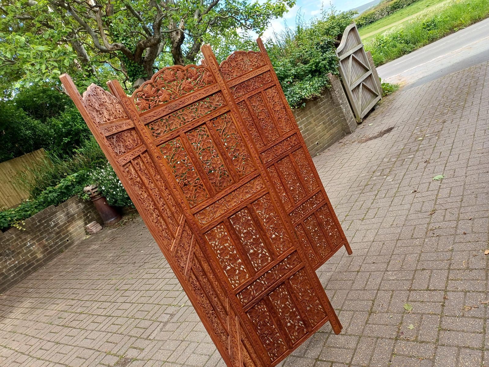 photo furniture Monumental Vintage Middle Eastern Carved Hardwood Folding Screen Room Divider Grapevine Panels 72” Free Hand Delivery