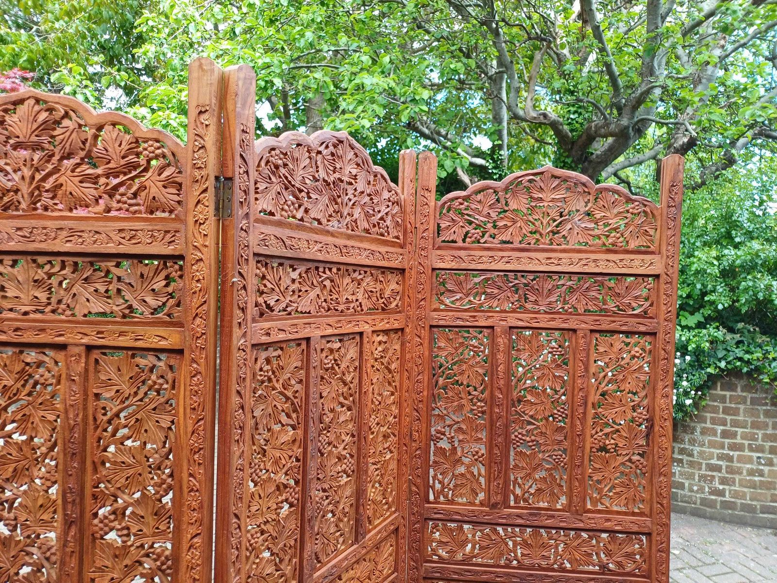 Home Decor Monumental Vintage Middle Eastern Carved Hardwood Folding Screen Room Divider Grapevine Panels 72” Free Hand Delivery photo