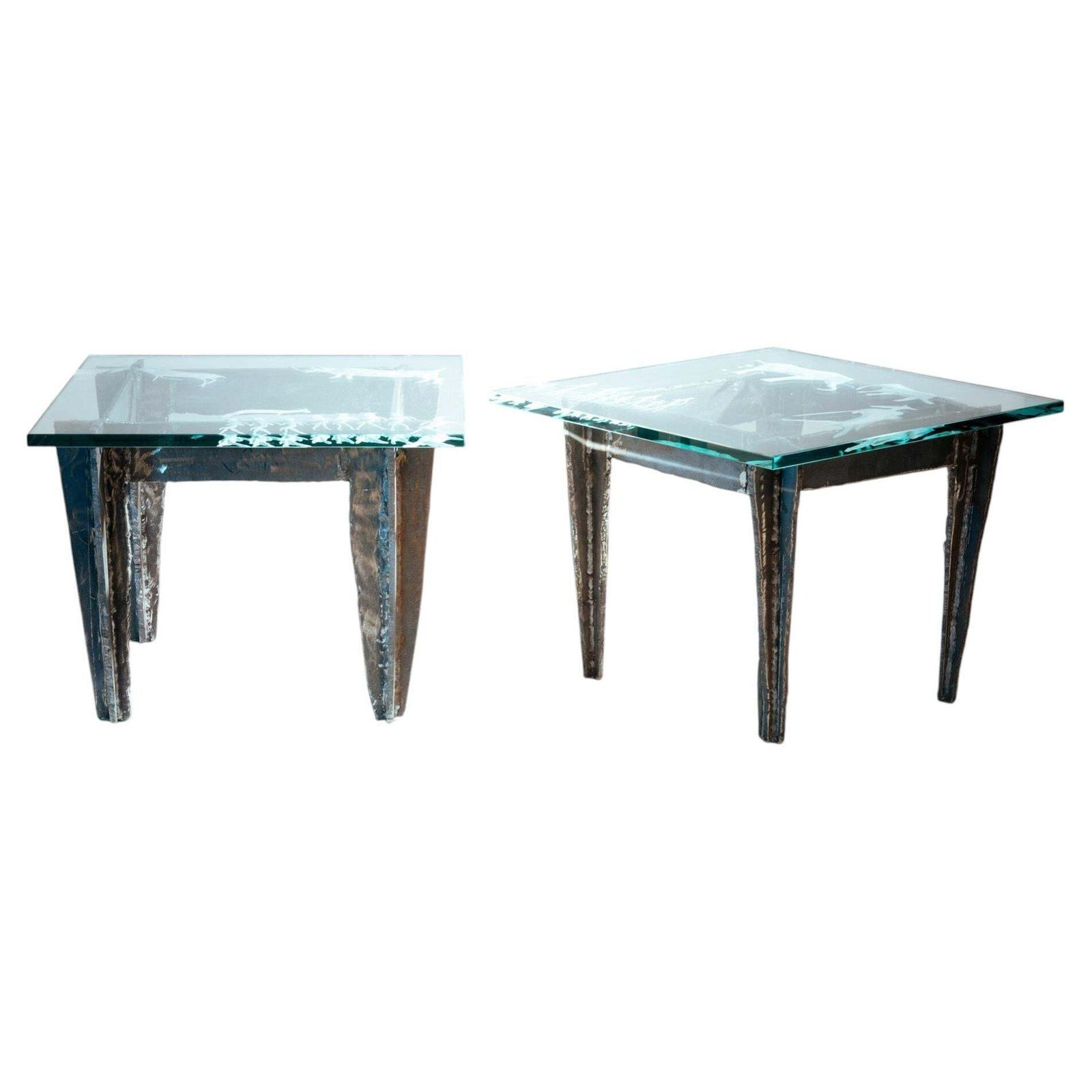 2 Brutalist Steel Side Tables With Primitive Safari Scene Motifs Etched Glass