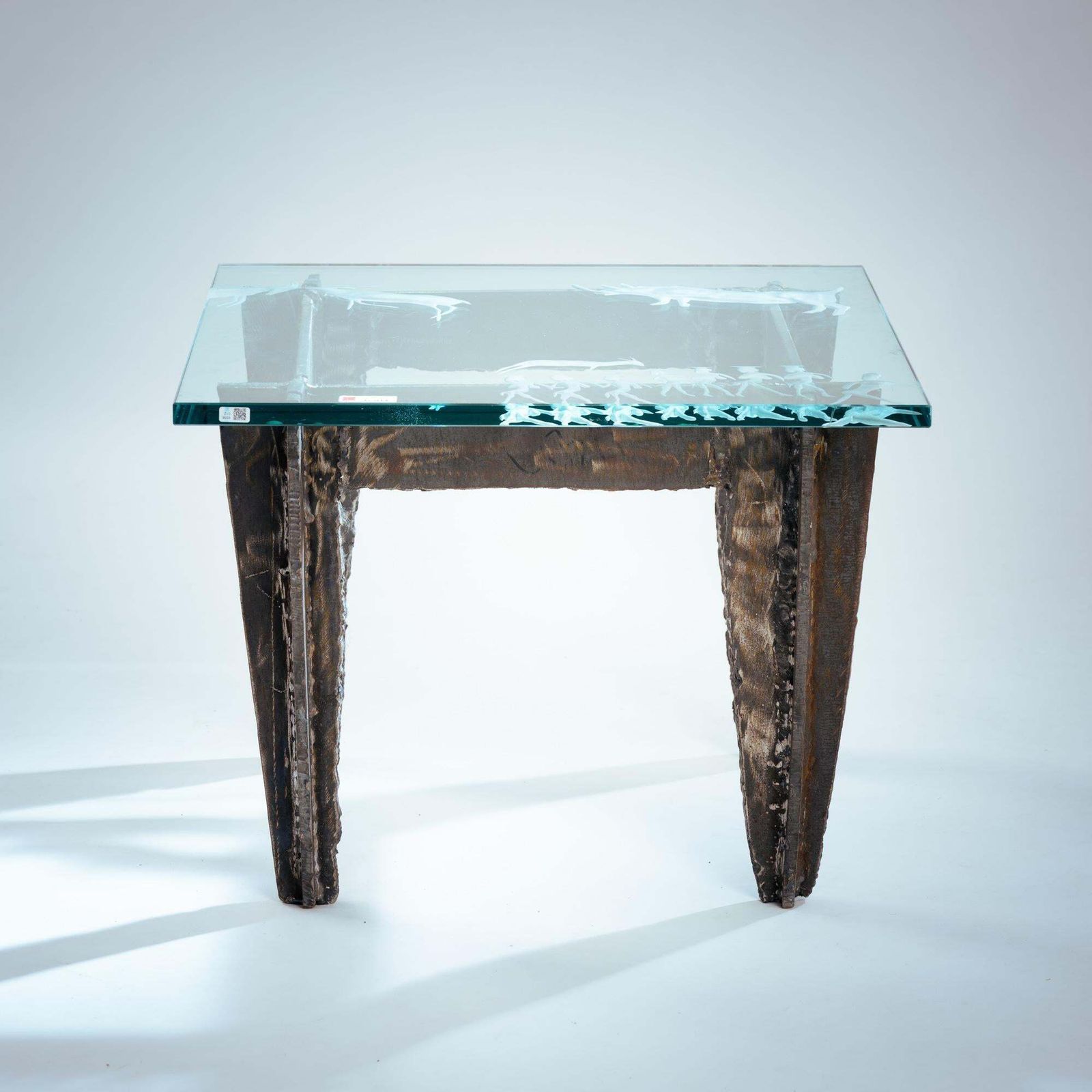 2 Brutalist Steel Side Tables With Primitive Safari Scene Motifs Etched Glass photo vinterior