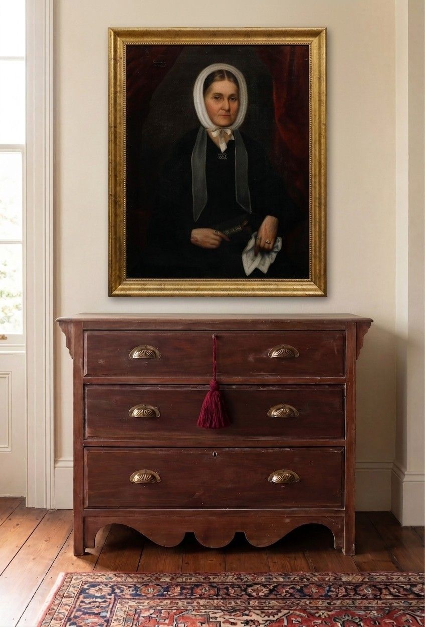 Framed 19th Century Oil Lady In Memento Mori Jewellery photo for sale