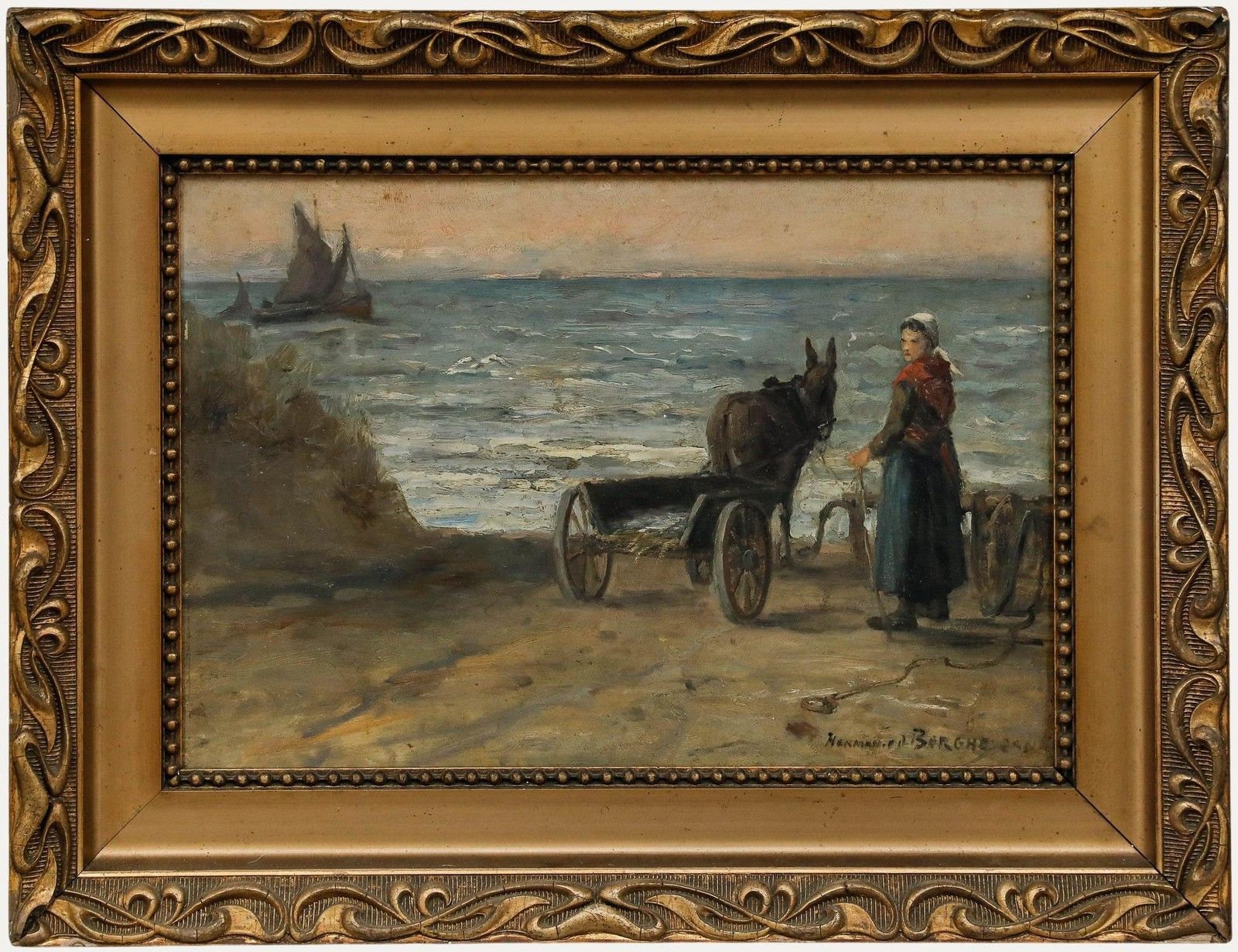 Herman Van Den Berghe Framed Early 20th Century Oil, Loading The Cart