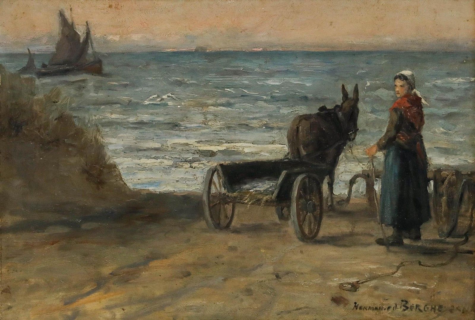 Herman Van Den Berghe Framed Early 20th Century Oil, Loading The Cart photo furniture