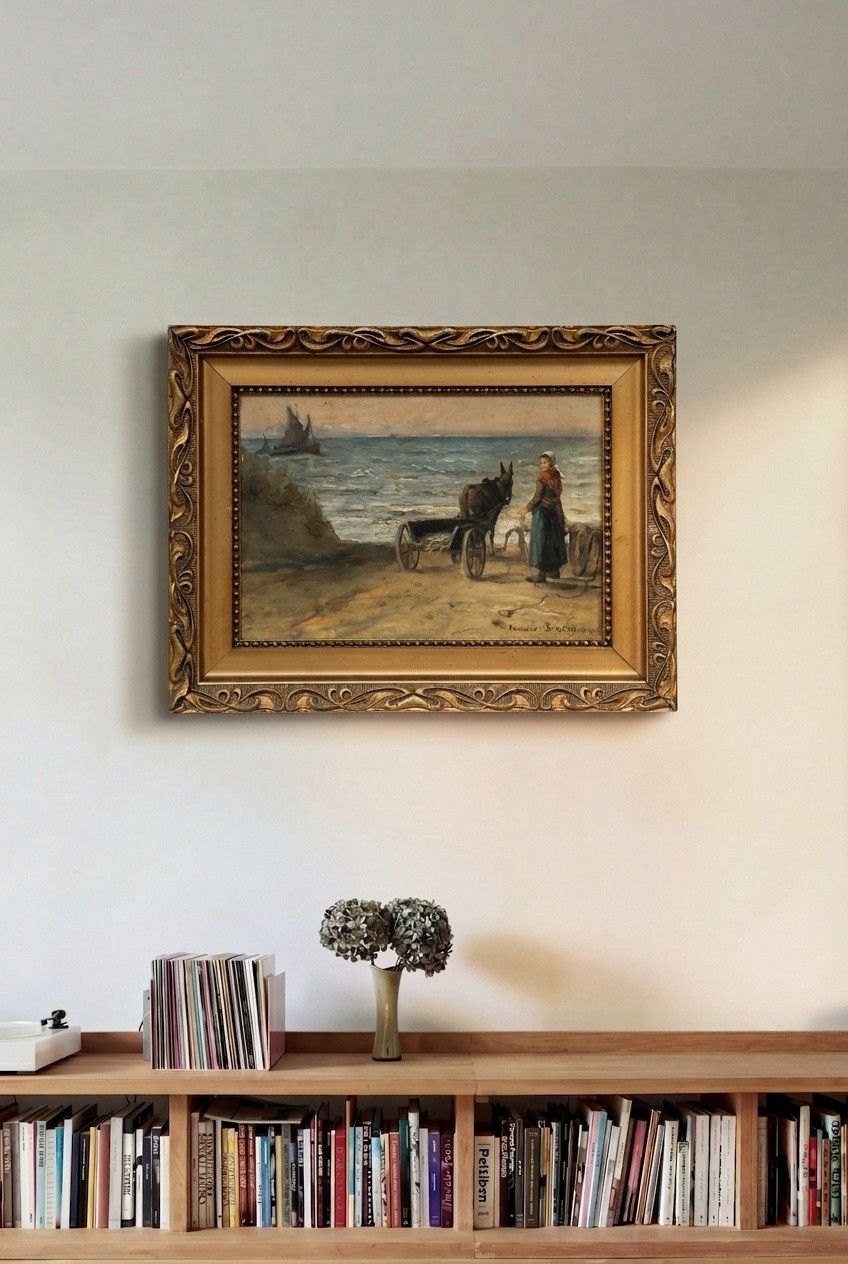 Herman Van Den Berghe Framed Early 20th Century Oil, Loading The Cart photo for sale