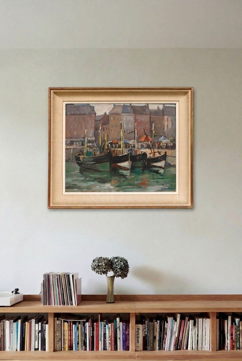 Richard Bressy (1906 1980) Framed Mid 20th Century Oil, Boats In Ostend photo for sale