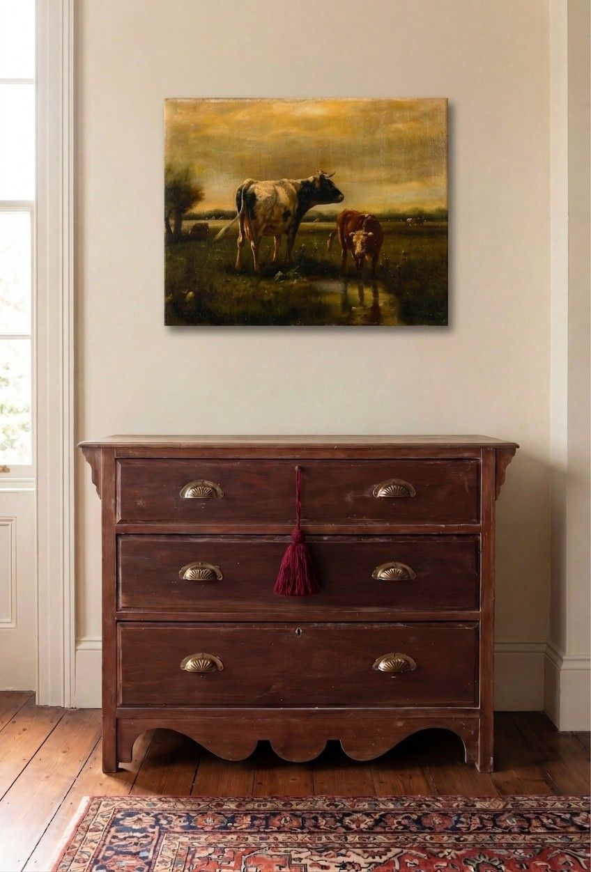 Henry Schouten (1857 1927) Framed Early 20th Century Oil, Cows By A Pond photo for sale