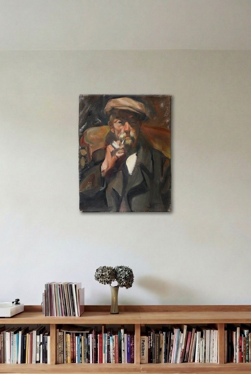 Antoine Pluymers (1910 1967) Mid 20th Century Oil, The Pipe Smoker photo for sale