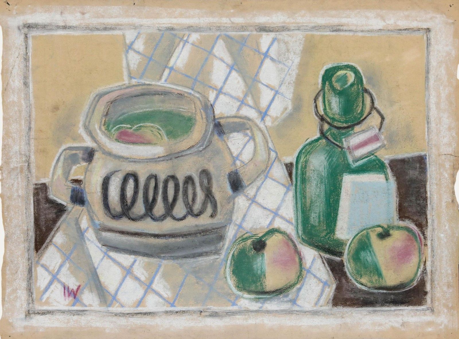 Johann Winter (1898 1964) Pastel, Still Life With Bottle And Apples
