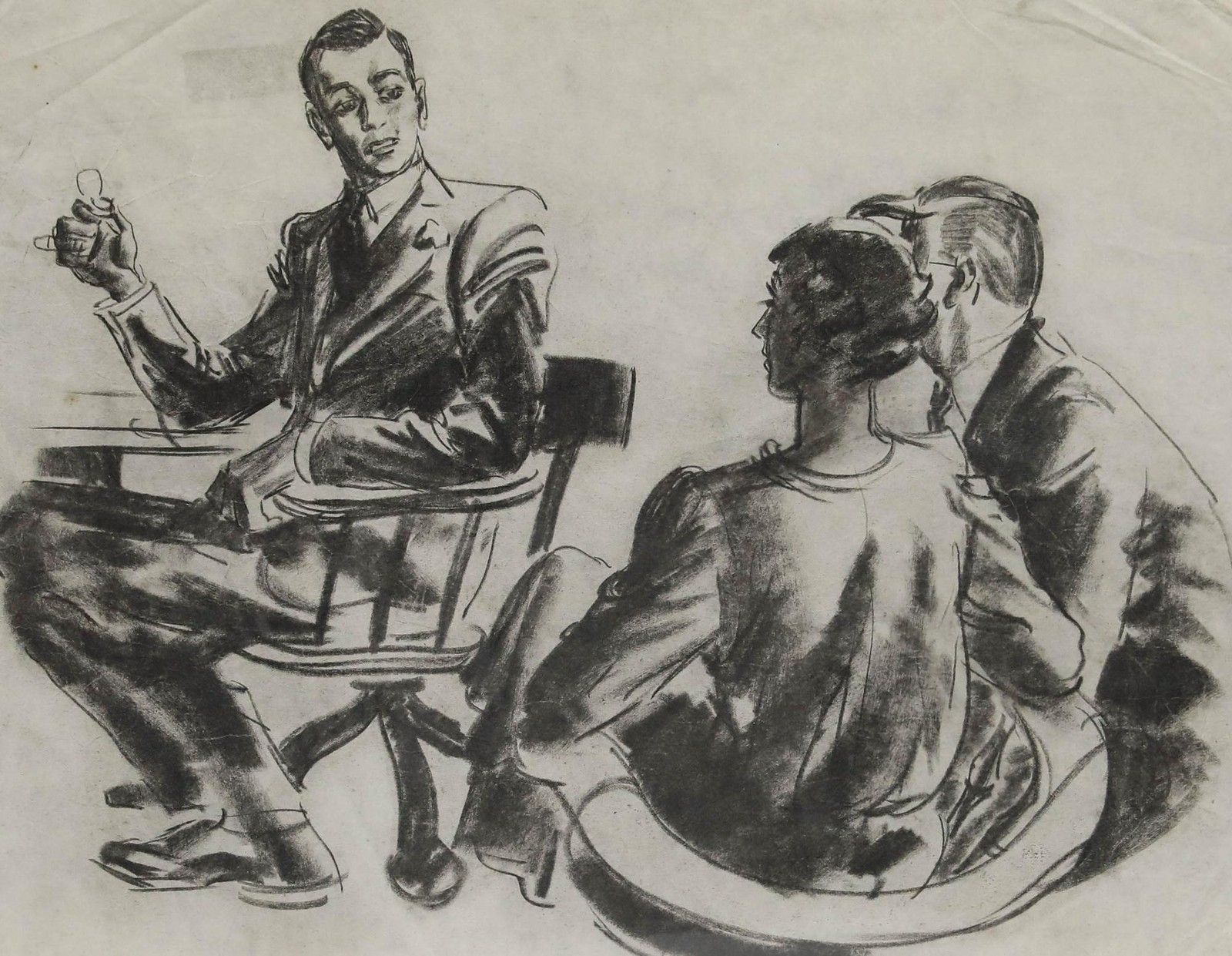 Film Noir C.1940 Charcoal Drawing Critical Dialogue photo furniture