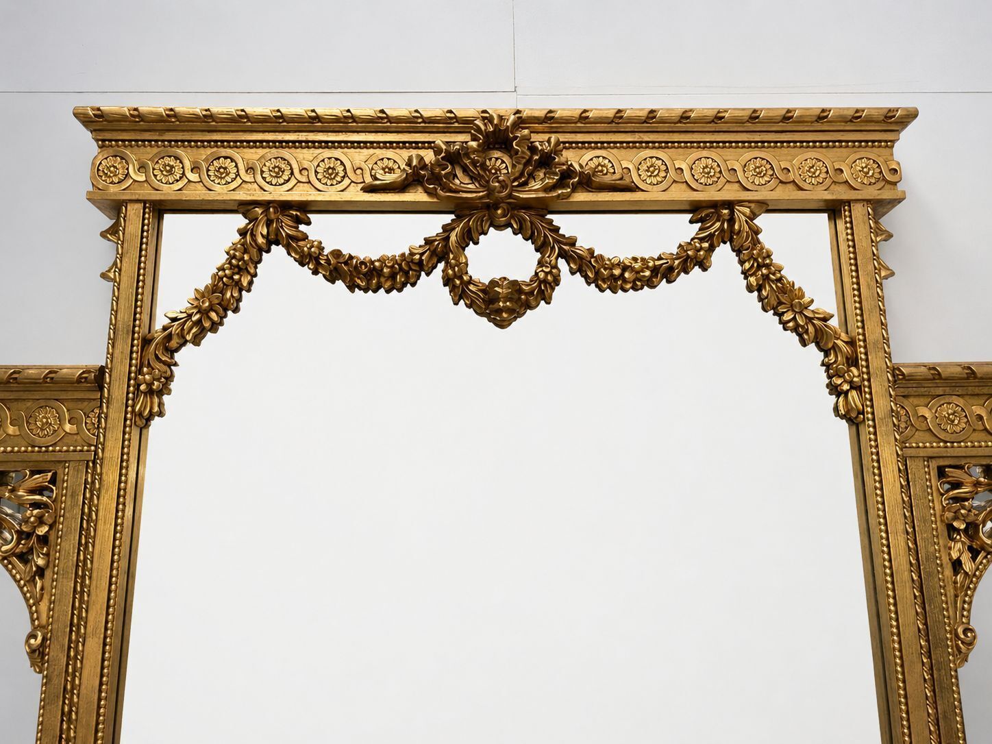 Asnaghi Carved Wood Gilt Triple Wall Mirror With Demi  Lune Marble Console photo for sale