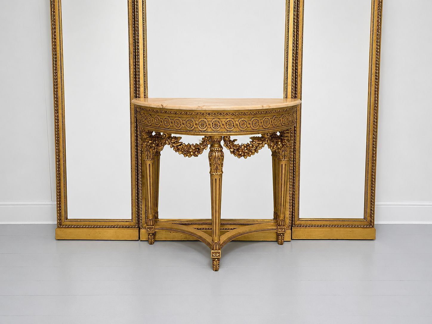 Asnaghi Carved Wood Gilt Triple Wall Mirror With Demi  Lune Marble Console photo 11900.0