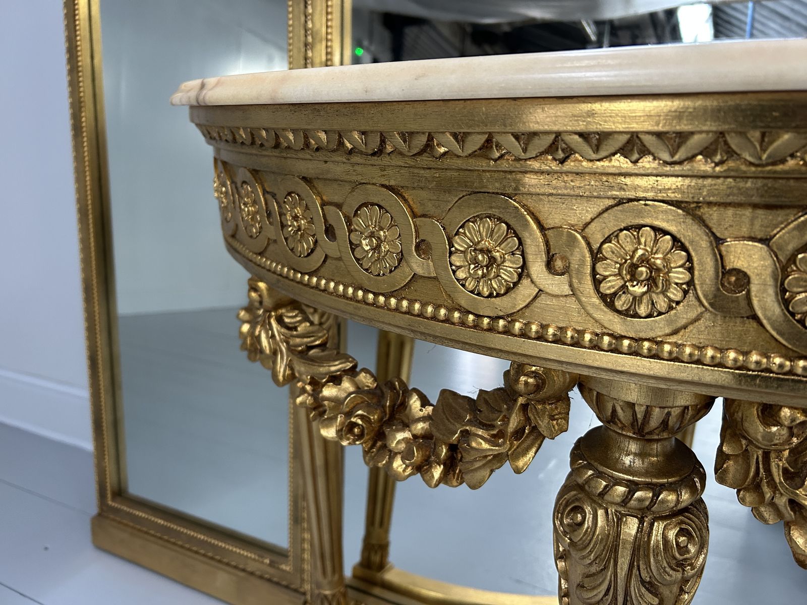 Asnaghi Carved Wood Gilt Triple Wall Mirror With Demi  Lune Marble Console photo vintage