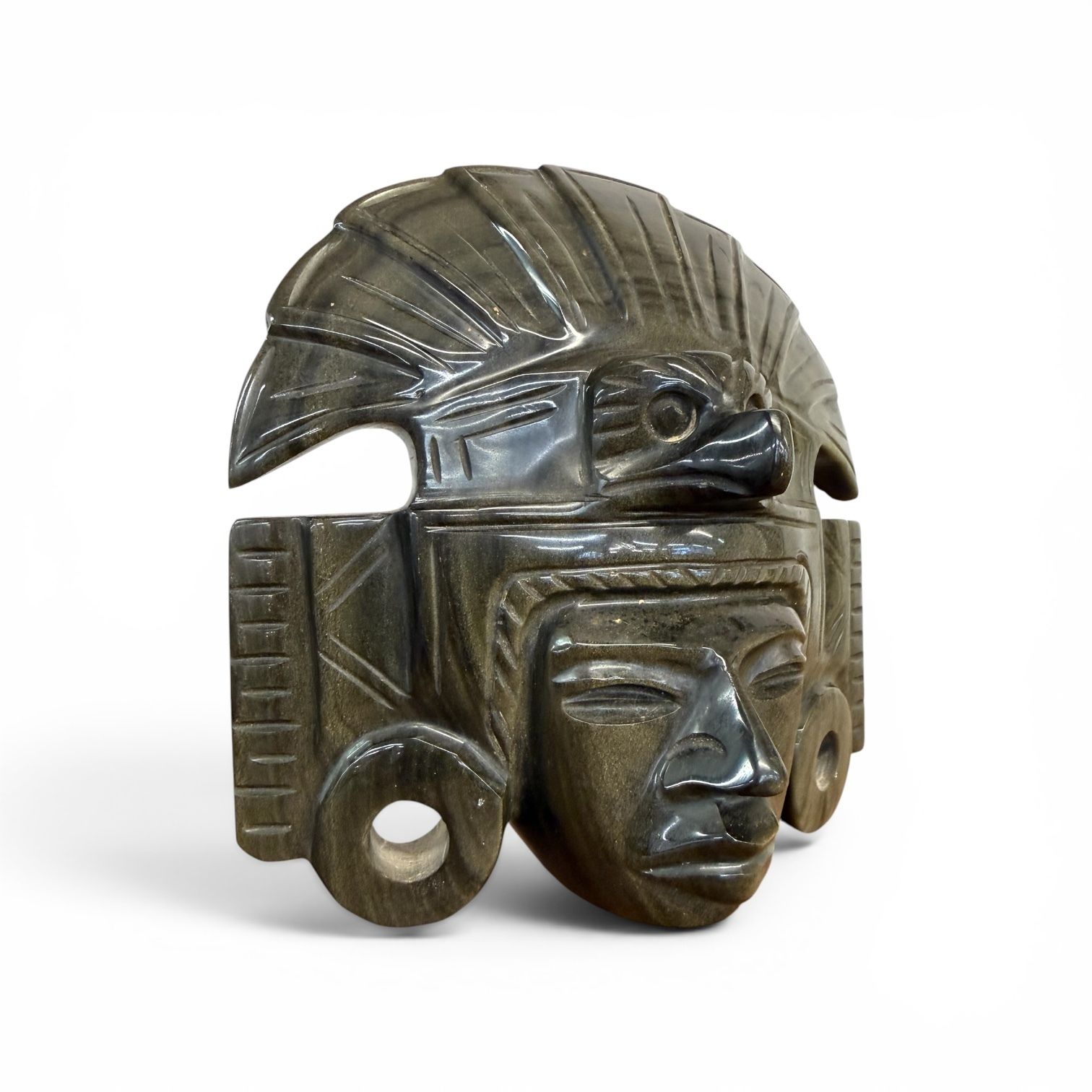 Gold Obsidian Mask Of Tonatiuh, Aztec Sun God, Mid 20th Century photo 195.0