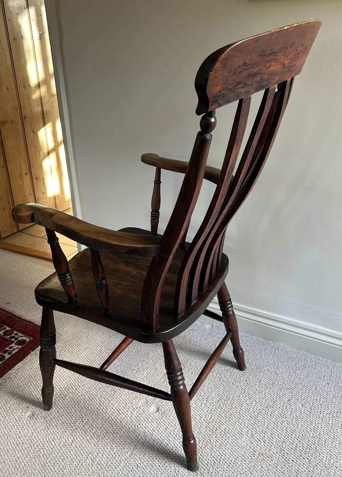 Antique Lath Or Slat Back Elm And Beech Wooden Armchair photo 220.0