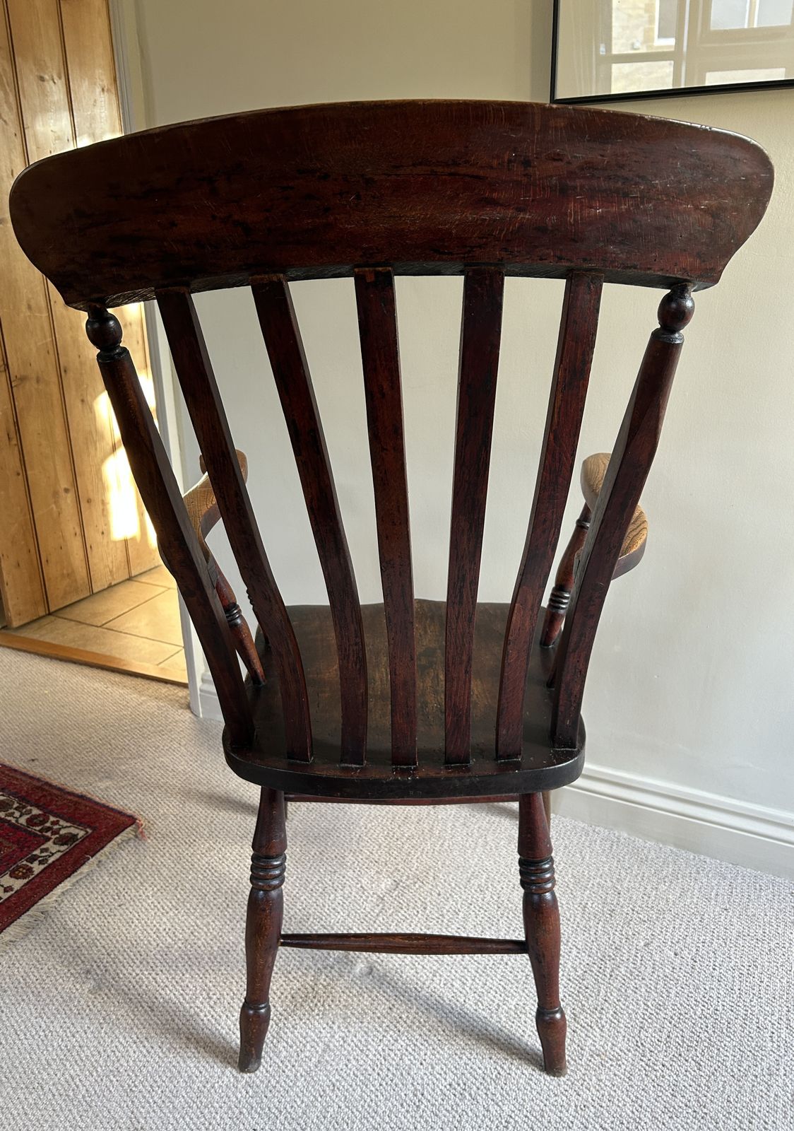 Antique Lath Or Slat Back Elm And Beech Wooden Armchair photo vinterior