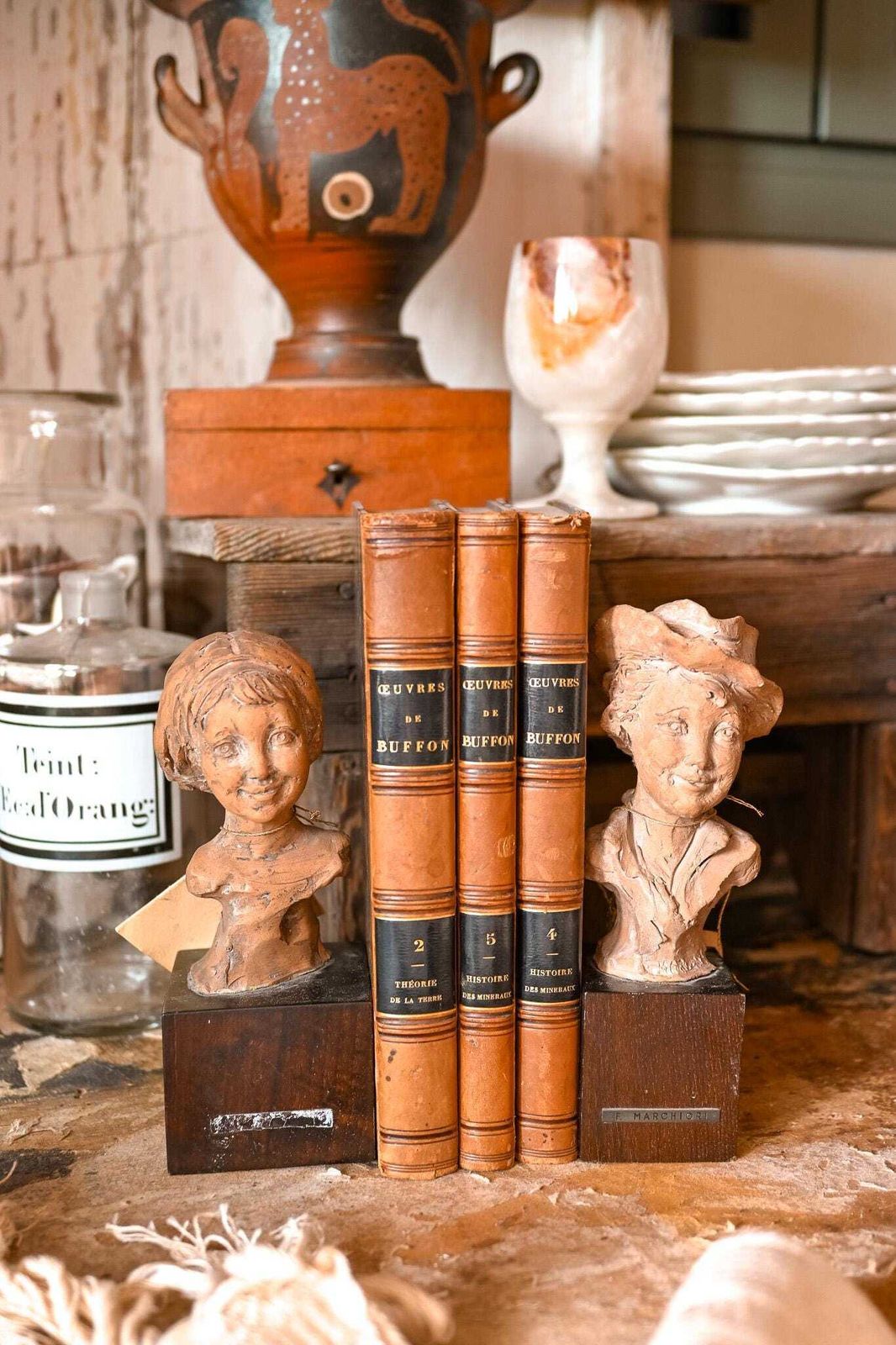 Signed Italian Terracotta Bust | F. Marchiori | Handmade Folk Sculpture | Vintage Bookend | Girl Portrait | Wood Base photo furniture