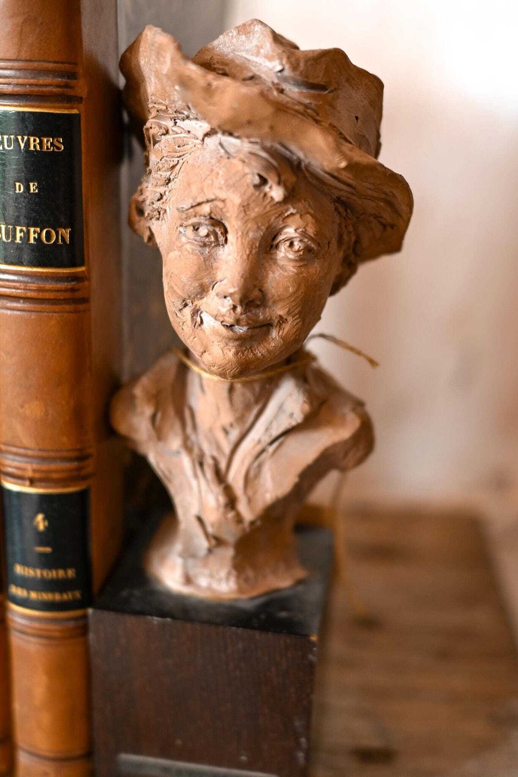 Signed Italian Terracotta Bust | F. Marchiori | Handmade Folk Sculpture | Vintage Bookend | Girl Portrait | Wood Base photo 92.0