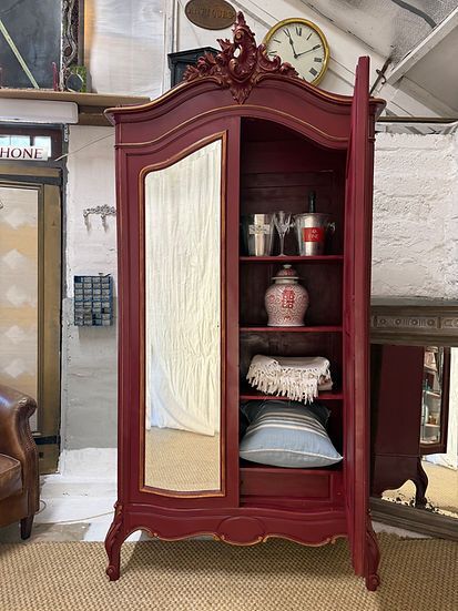 Stunning French Armoire Burgundy Antique Linen Cupboard Mirrored Wardrobe photo furniture